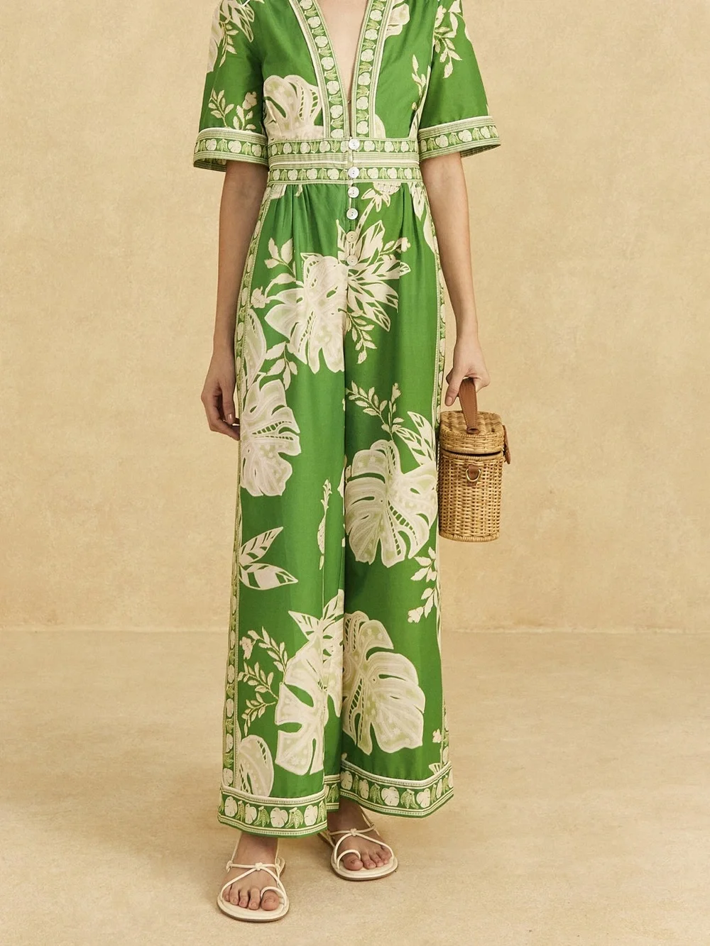 FARM Rio Green & Cream Lace Monstera V-Neck Jumpsuit with Button Front Wide Leg - Picture 5 of 9